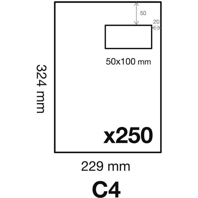 Boite de 250 Pochettes Blanches C4-229x324 mm - Auto-Adhésives -90g/m2- Fenêtre Papier Cristal 50x100 (position 50/20) - Blanc