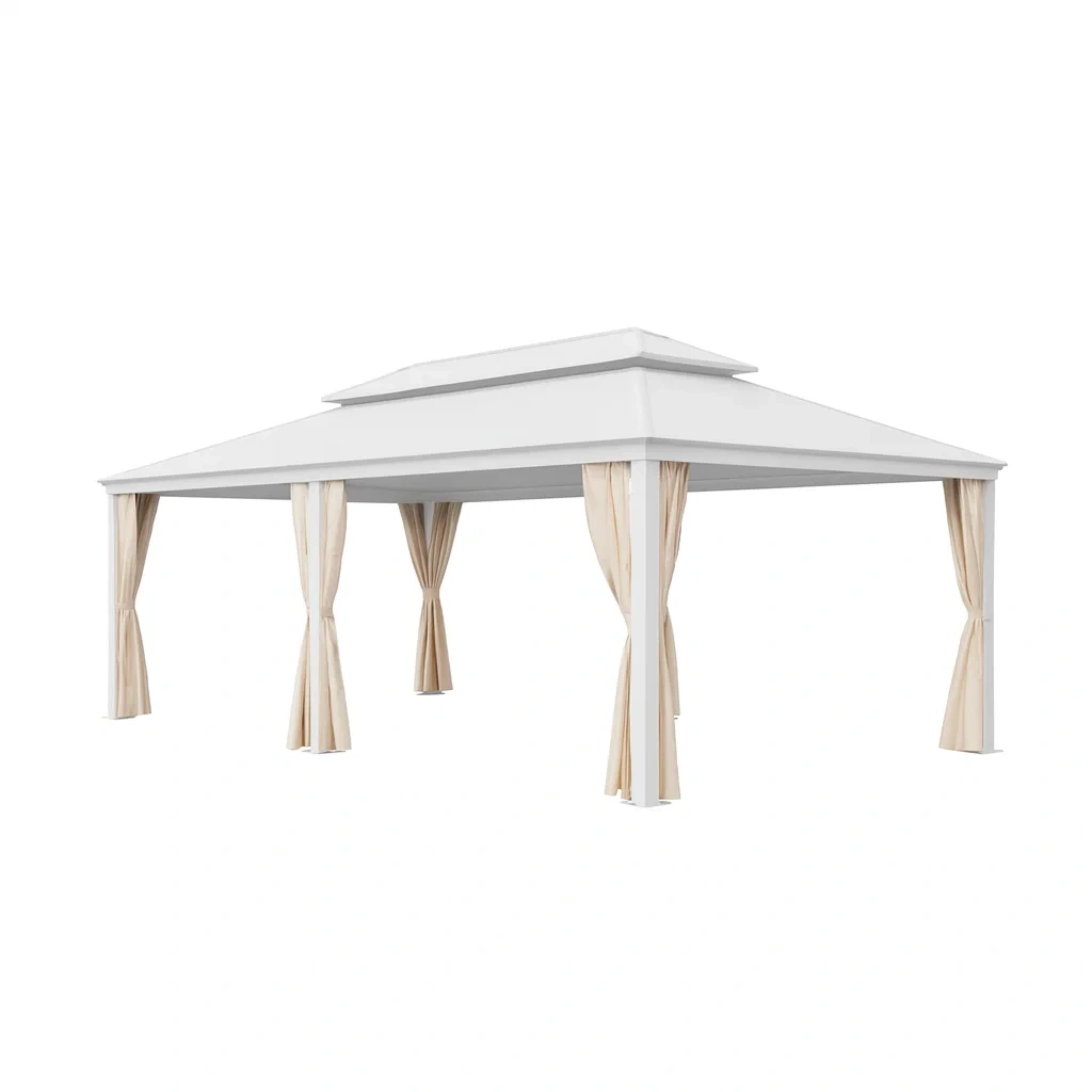 Pavillon en aluminium avec rideaux beige
