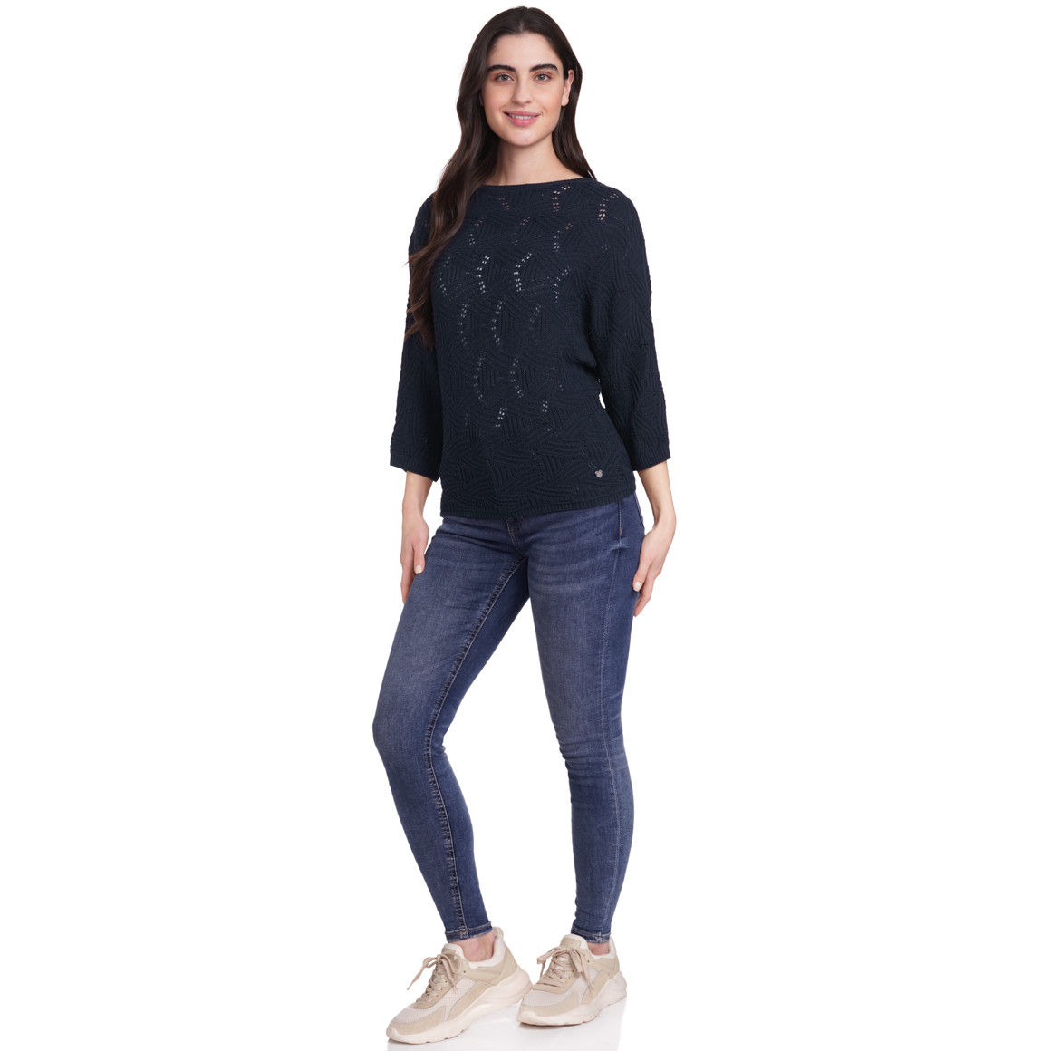 Gina Damen Strickshirt mit Ajour-Muster dunkelblau