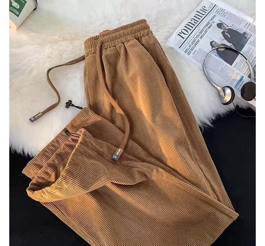 Zoslane - Mid Rise Plain Corduroy Wide Leg Pants