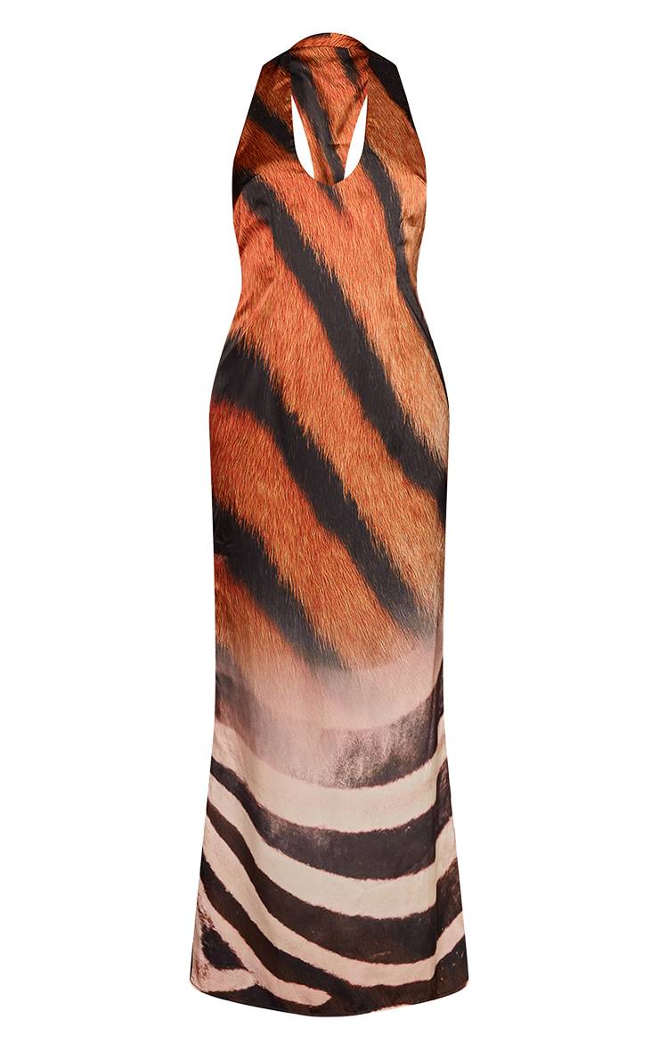 Orange Robe Longue Satinée À Imprimé Animal Avec Dos Torsadé