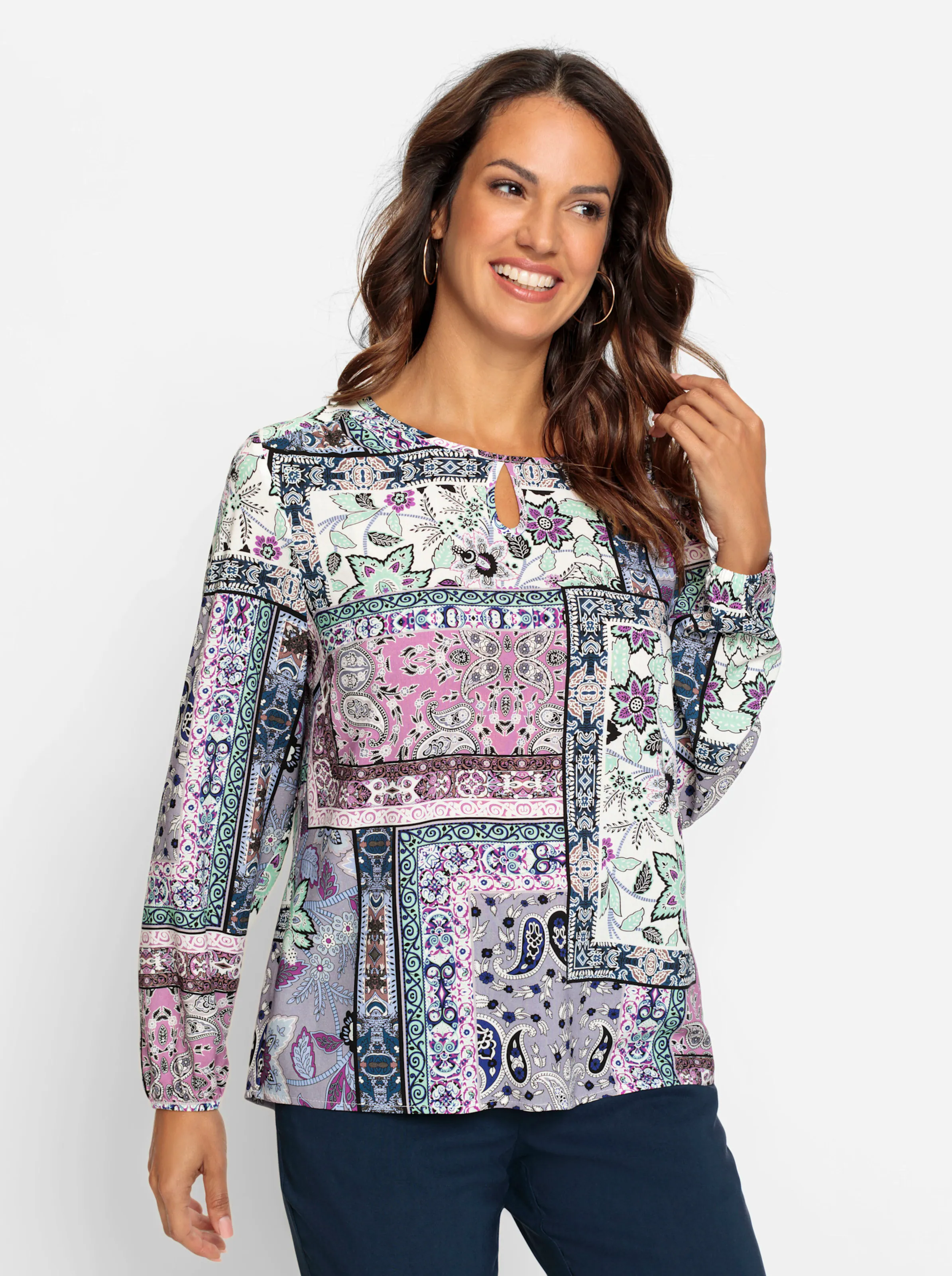 Bluse in rosé-steingrau-bedruckt