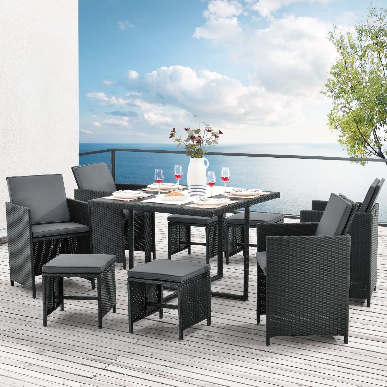 Baracoa L polyrotan zwarte diningset