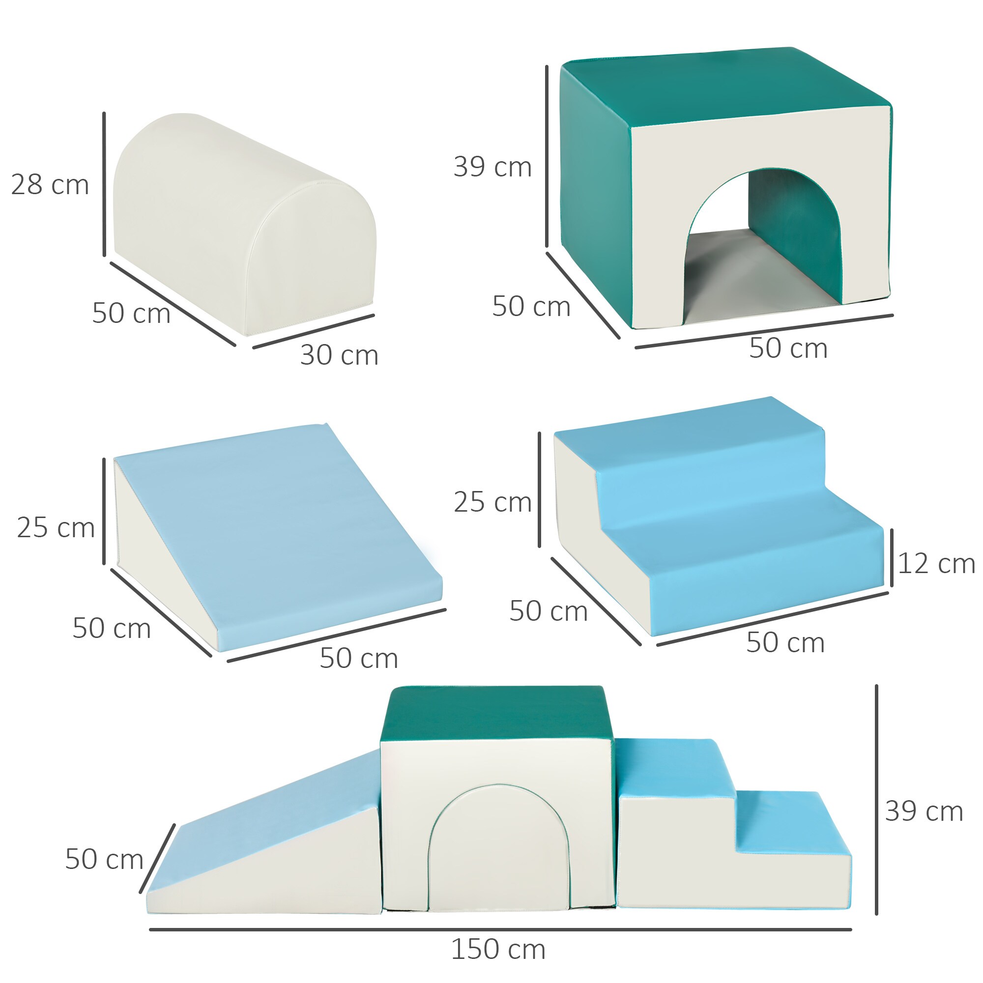 HOMCOM Bausteine 4er-Set Bausteine Schaumstoffblöcke, einfache Reinigung Hellgrau,Blau.Grün 150 x 50 x 39 cm (LxBxH)