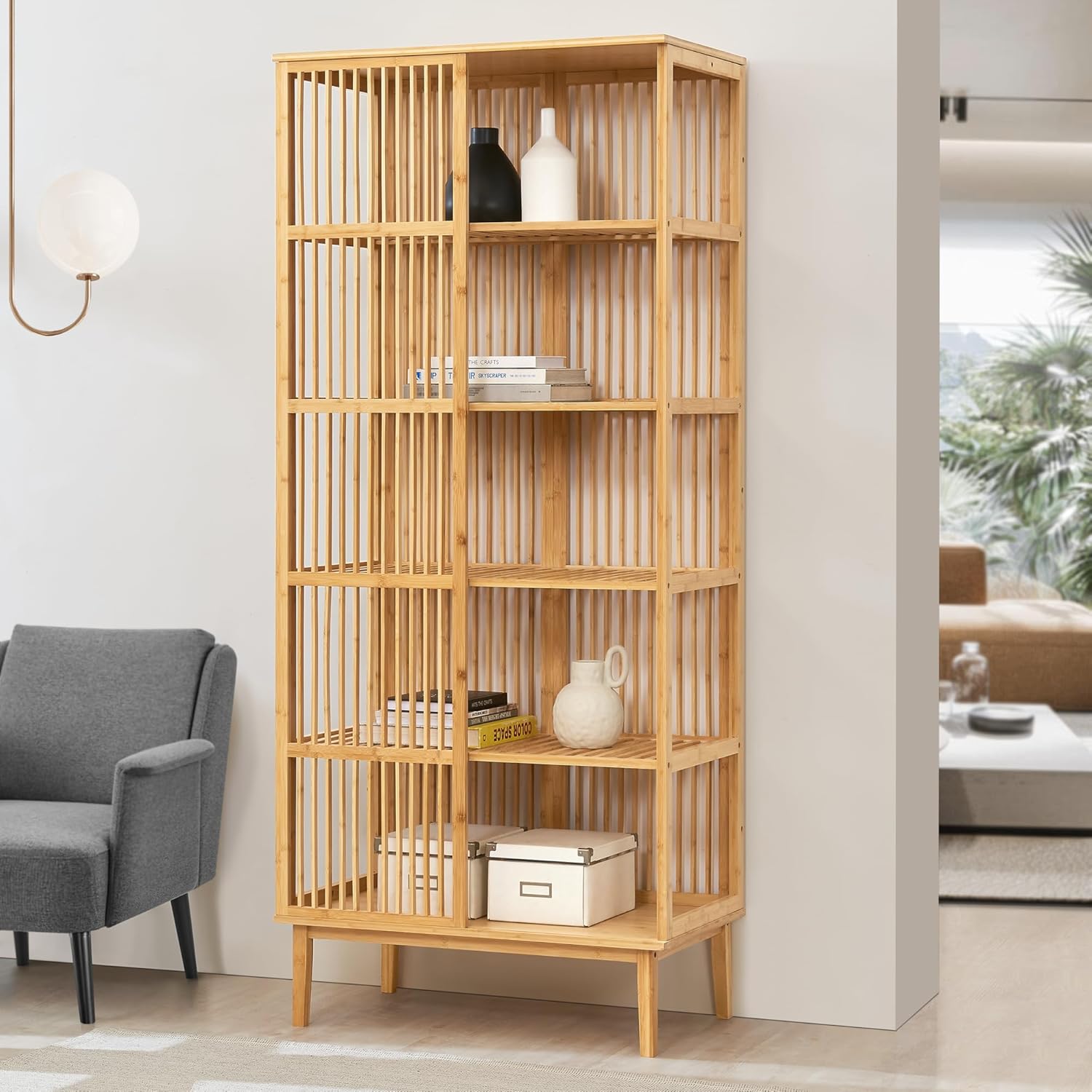 [en.casa] Standregal Trundholm Badregal mit 5 Ablagen freistehend aus Bambus Aufbewahrungsregal 185 x 80 x 45 cm für Wohnzimmer Flur Küche