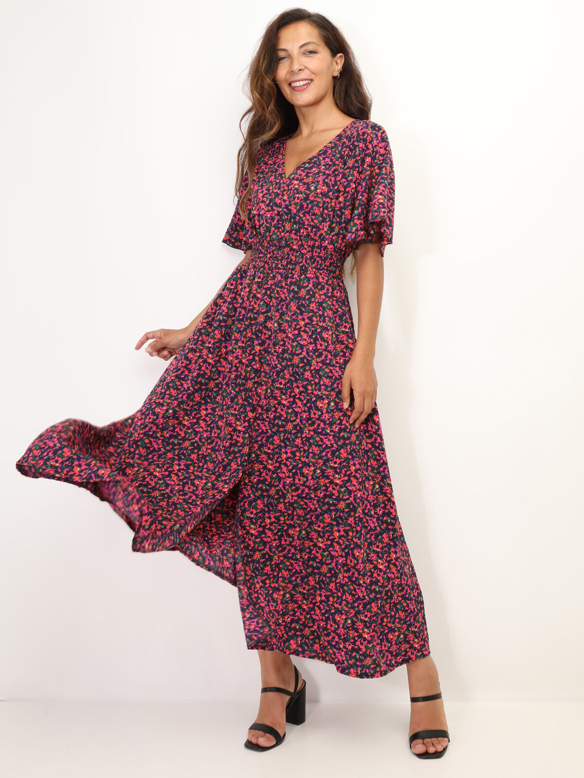 Robe fendue à motif petites fleurs- Fuchsia
