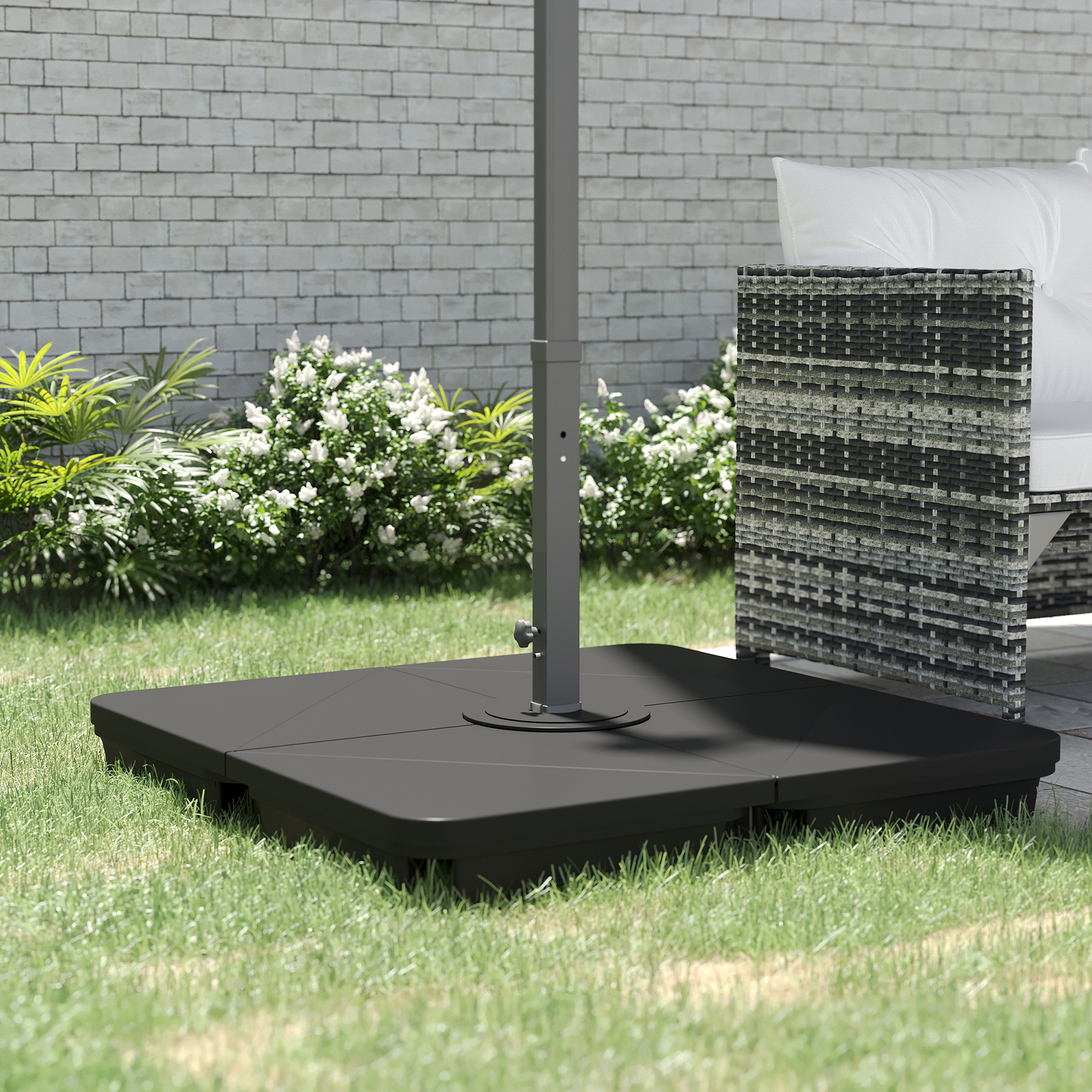 Conjunto de 4 pesos para base de guarda-sol de braço articulado Outsunny, enchíveis com areia (120 kg) ou água (160 kg), para guarda-sóis tipo banana, base cruzada, 90x90x10,5 cm, preto.
