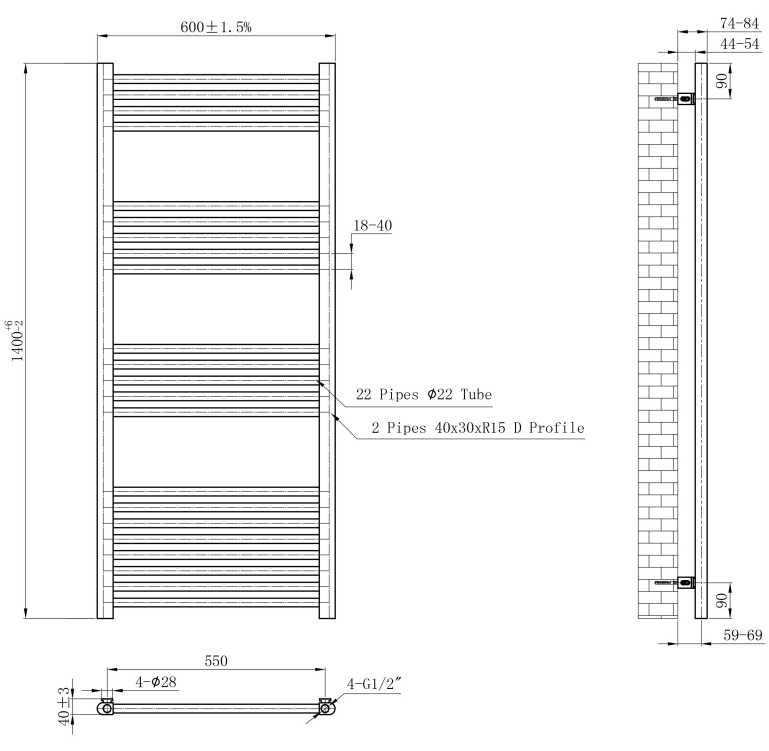 Eastbrook Wendover handdoekradiator 60x140cm 582W messing geborsteld