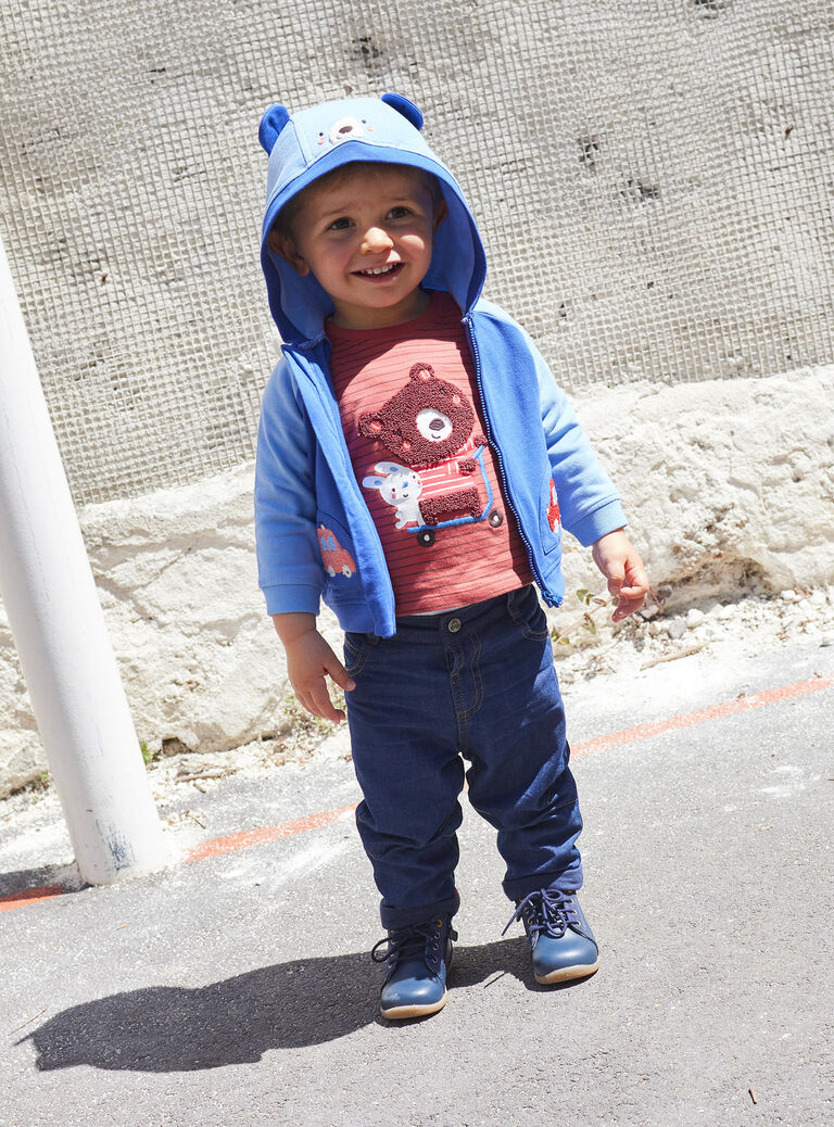 Gilet bleu à motifs voitures et tête d'animal pour bébé garçon