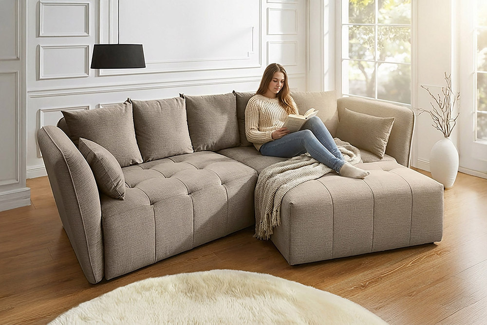 Modernes Big Sofa ROYAL 295cm greige Velours-Strickstoff Federkern XXL-Couch