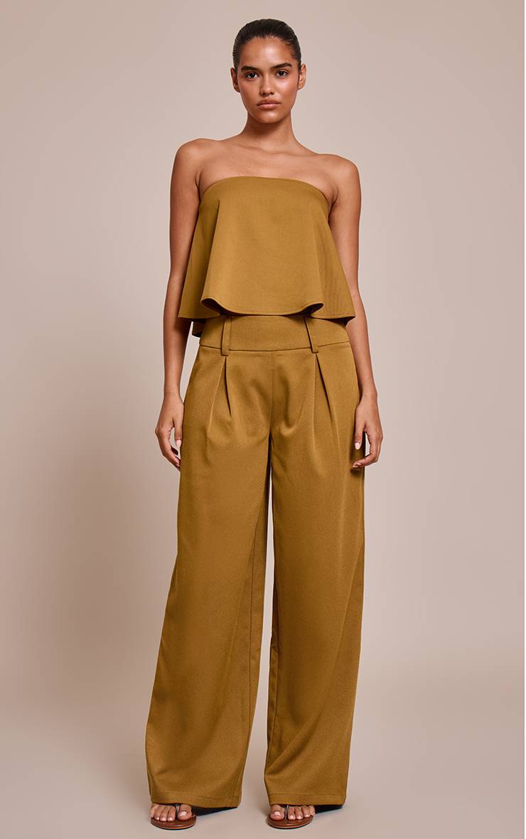 Vert Olive Foncé Pantalon Large Plissé En Tissu Tissé Ajusté