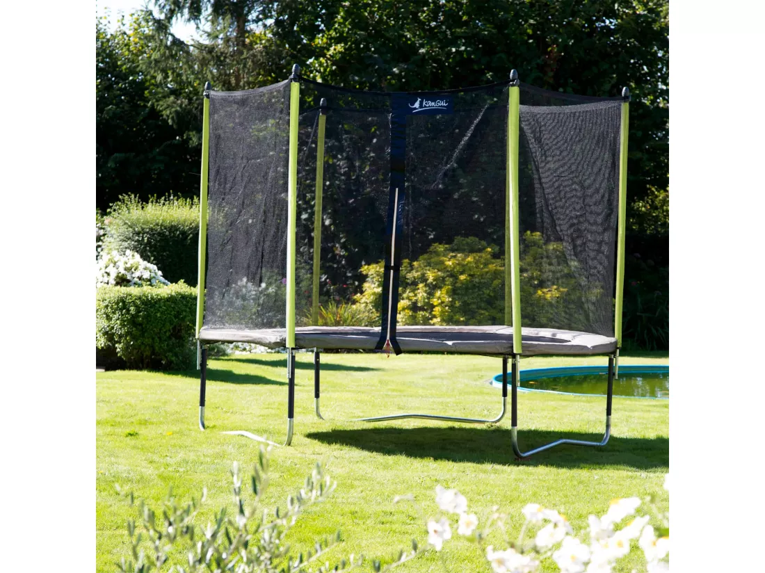 Kangui - Trampoline de jardin 426 cm + filet de sécurité JUMPI Taupe/Vert 430. Trampoline certifié par le CRITT sport & loisirs