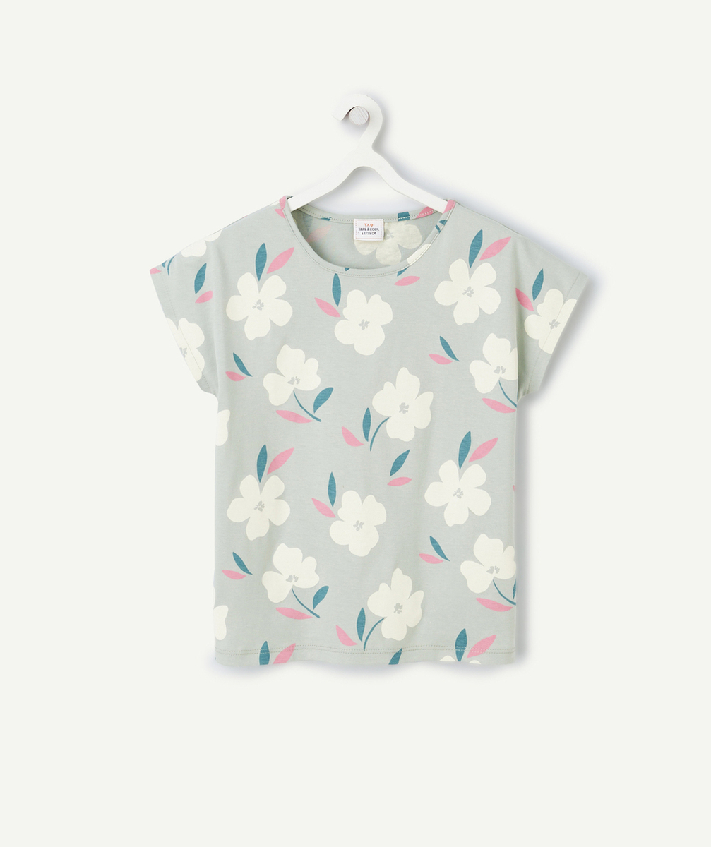 t-shirt fille en coton bio vert imprimé à fleurs