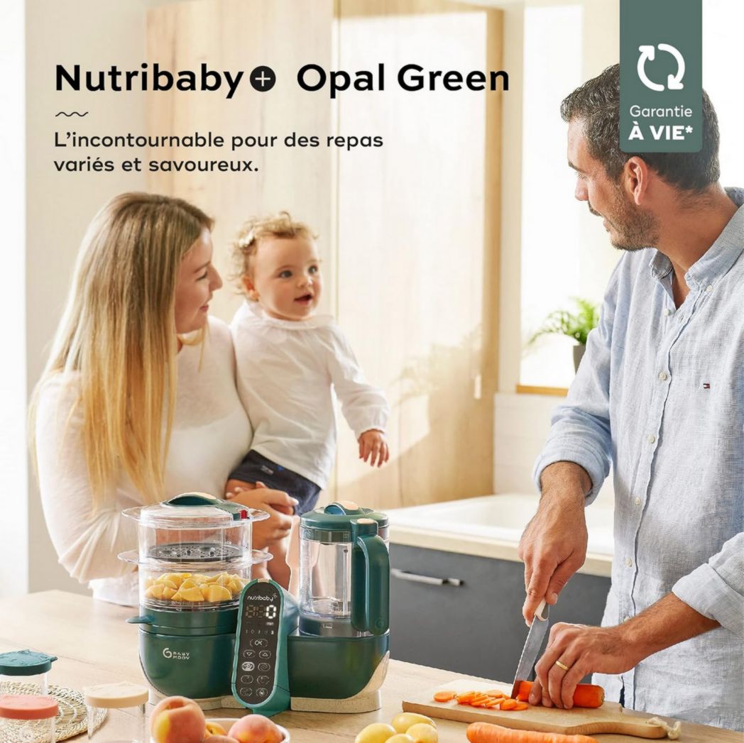 Babymoov Nutribaby(+), Robot cuiseur multifonction 6 en 1 pour bébé, cuiseur vapeur, grande capacité 2,2 L, petits pots maison, idéal pour diversifier les repas, vert opale