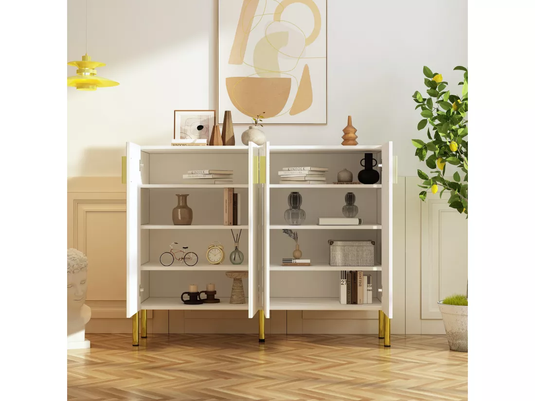 Buffet moderne armoire de rangement en Blanc poignée et pieds en métal 4 portes Chambre Salon 120x41x95cm