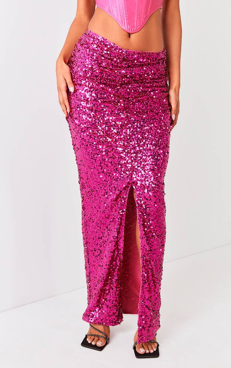 Rose Vif Jupe Longue À Taille Froncée Ornée De Sequins