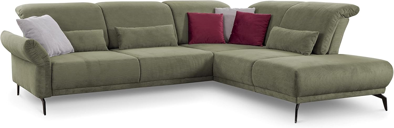 CAVADORE Ecksofa Cooper / Luftige Eckcouch mit Ottomane rechts, Armteilverstellung, Kopfteilverstellung und Sitztiefenverstellung / 294 x 88 x 242 / Cord, Grün
