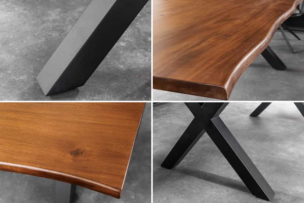 Massiver Esstisch GENESIS 200cm braun Akazienholz schwarz X-Gestell Baumkante