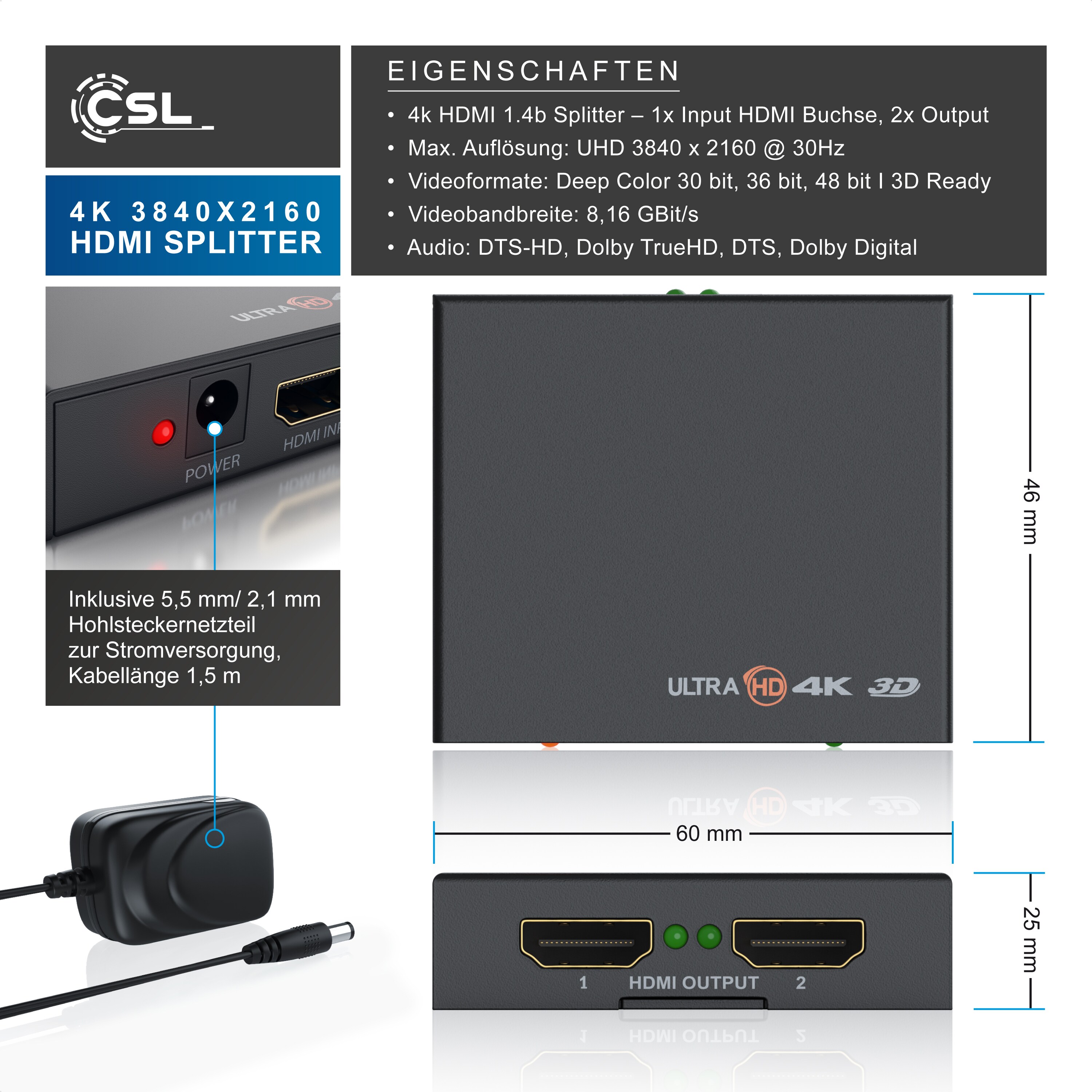 CSL - HDMI-Splitter, Mini 4K UHD 2-Port Verteiler 1x HDMI Eingang zu 2x HDMI Ausgang