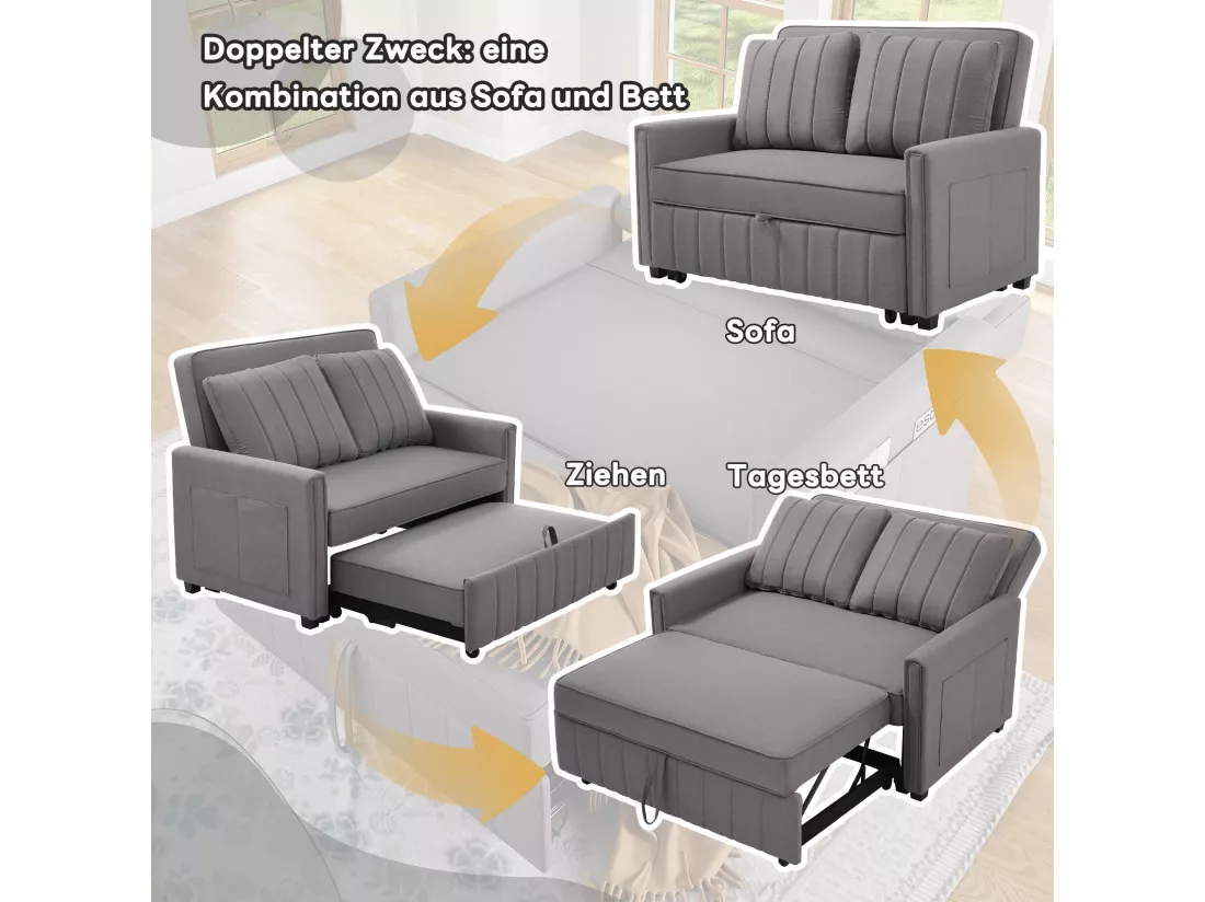 Canapé convertible 2 places, Canapé-lit pliant en tissu lin - 127 x 75/180 x 94 cm - avec fonction sommeil et dossier réglable - Gris