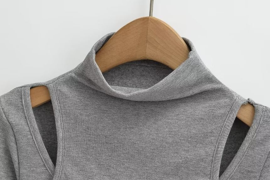 Osion - T-shirt met lange mouwen, nephals en tweedelig, effen, geplooid en slim fit T-shirt met uitsparingen