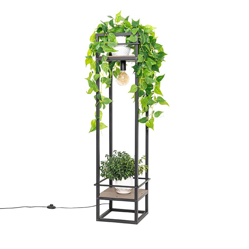 Industriële vloerlamp zwart met hout - Cage Rack