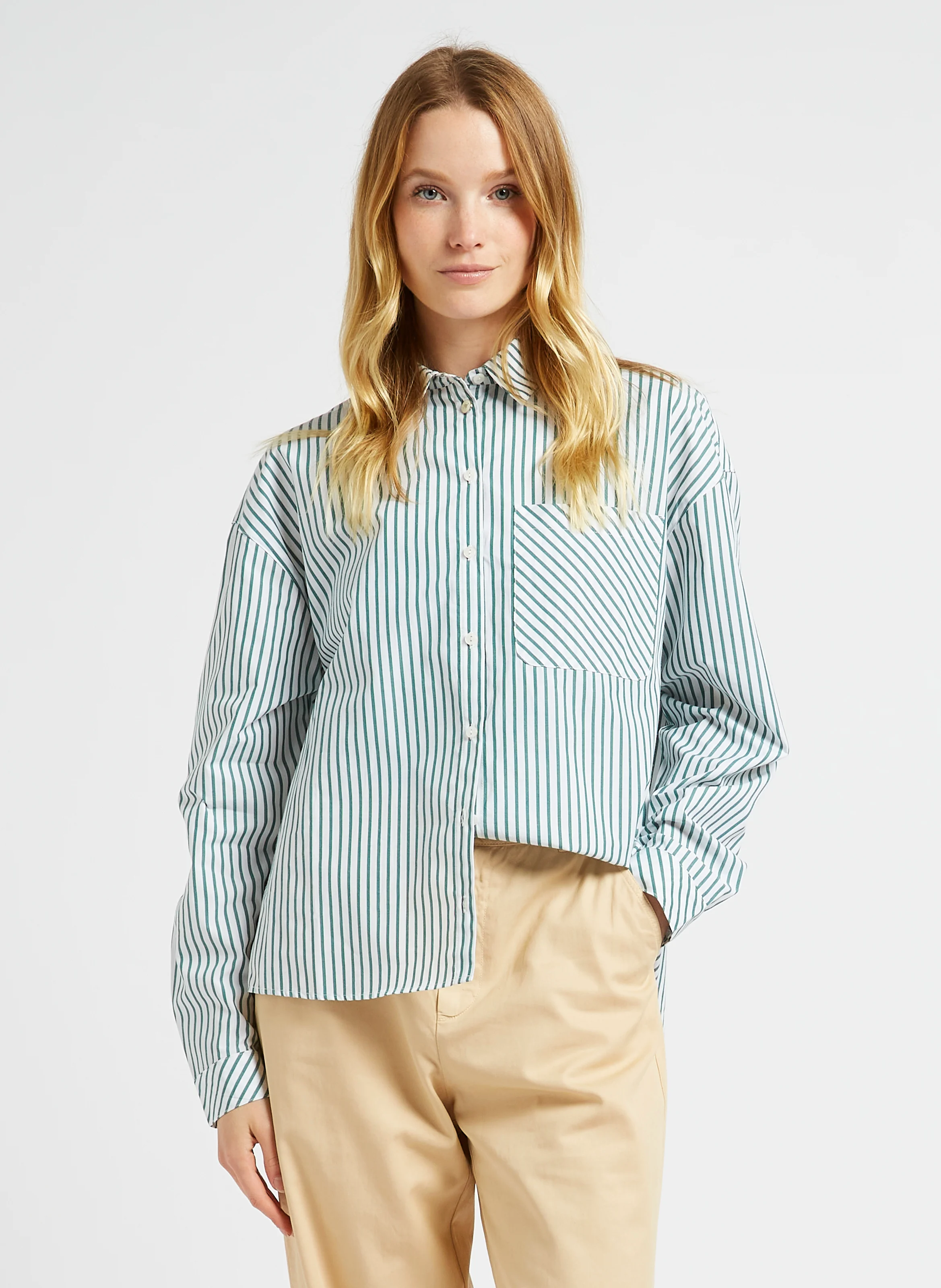 CELESTE - Chemise col classique rayée en coton | Vert
