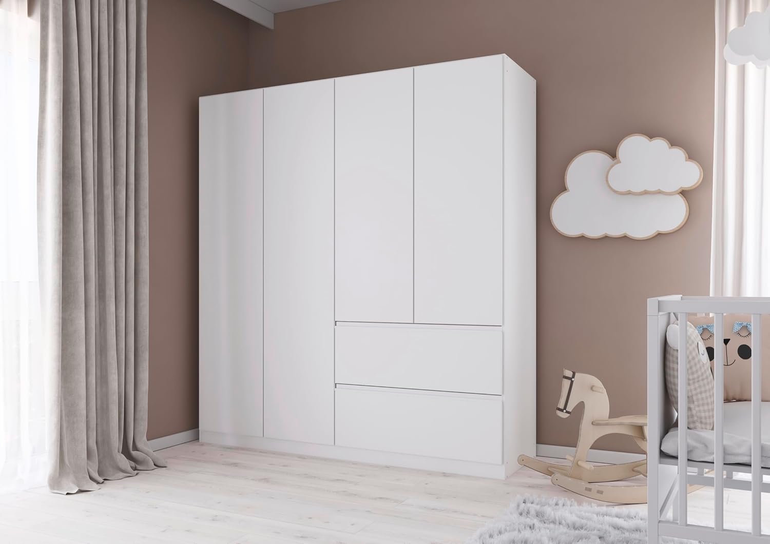 Rauch Möbel Costa, Kleiderschrank für Schlafzimmer, Kinderzimmer, Babyzimmer, Jugendzimmer, Flur, Garderobe 4-türig, 2 Schubladen, Push-to-Open, Farbe Weiß, Breite 181 cm