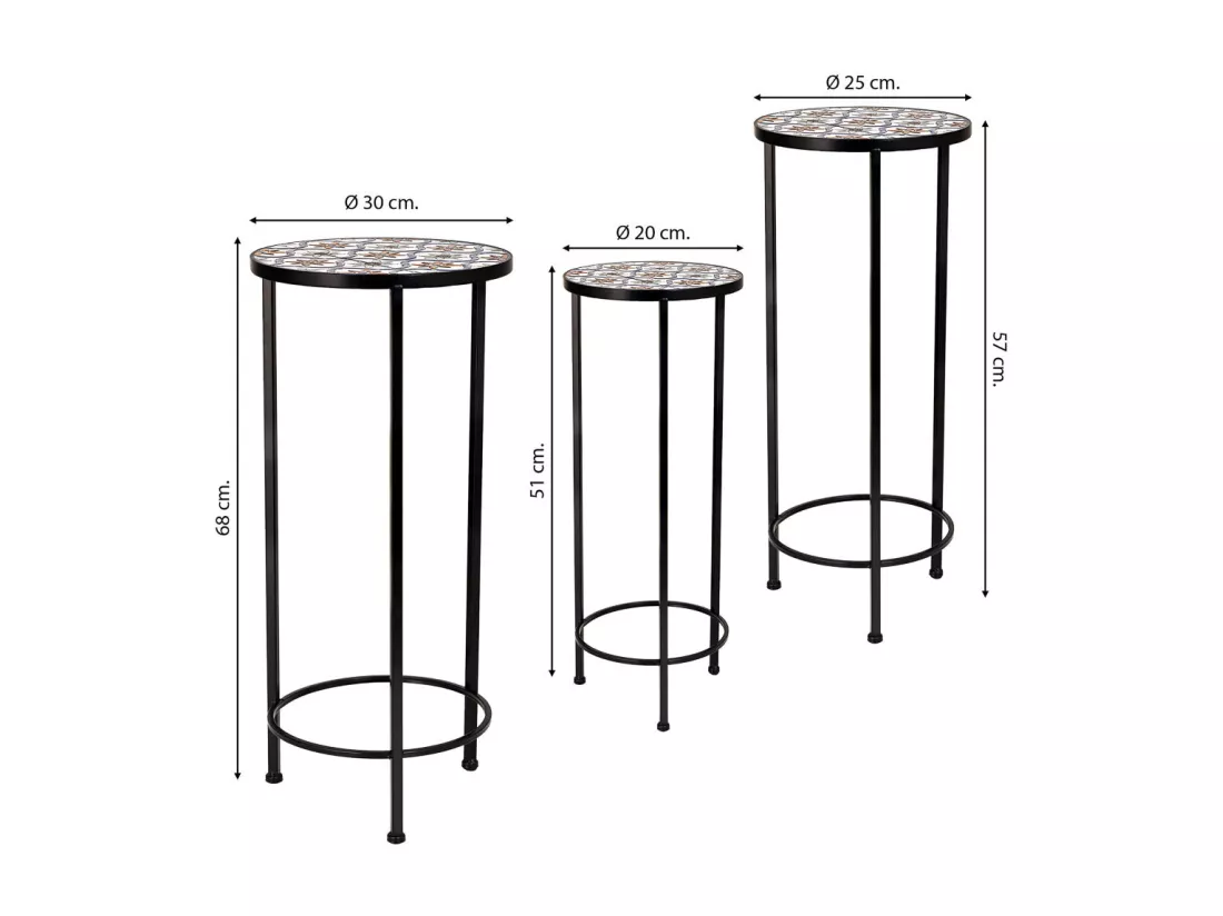 Ensemble de 3 pièces en mosaïque et supports en fer forgé noir D30x68h-D25x57h-D20x51h cm