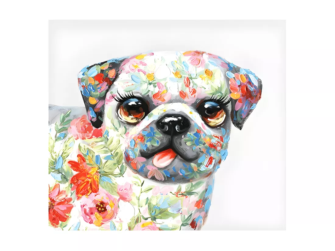Tableau peinture chien carlin fleuri 50 x 50 cm - Puppy