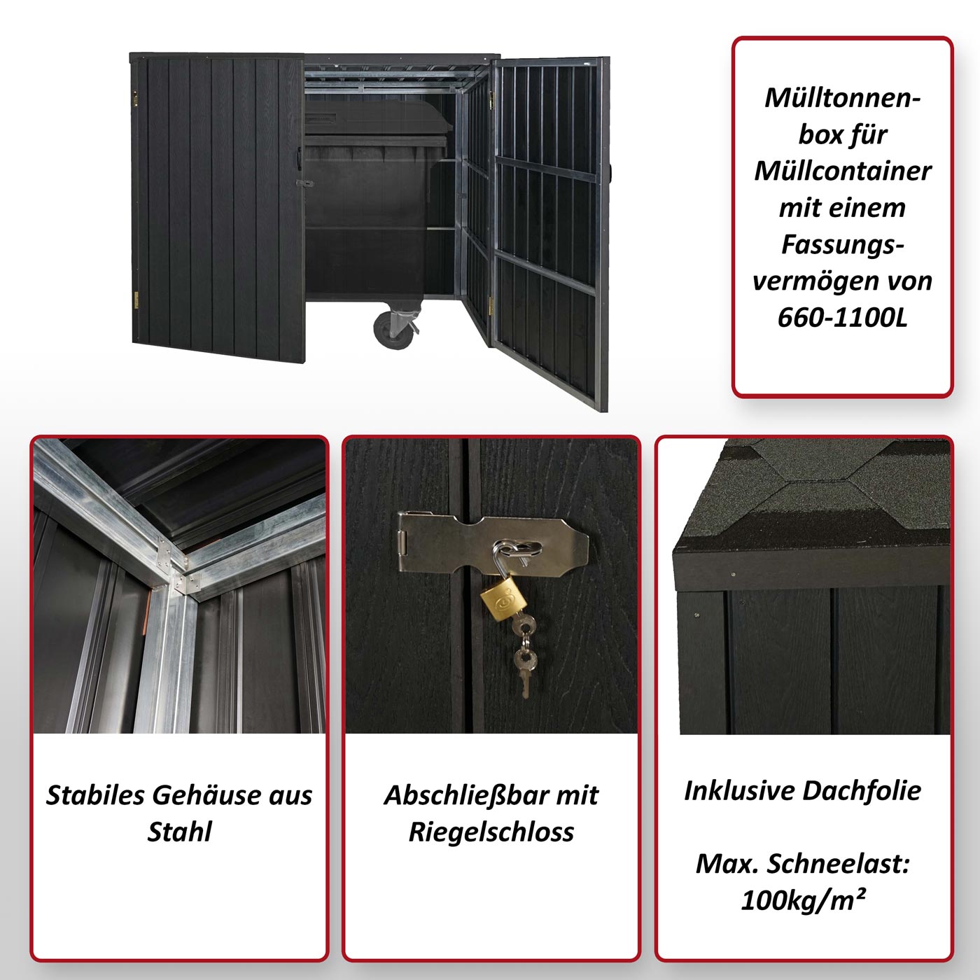 Mülltonnenverkleidung MCW-J29, Mülltonnenbox für Müllcontainer 660-1100L, WPC Metall 172x213x160cm ~ braun