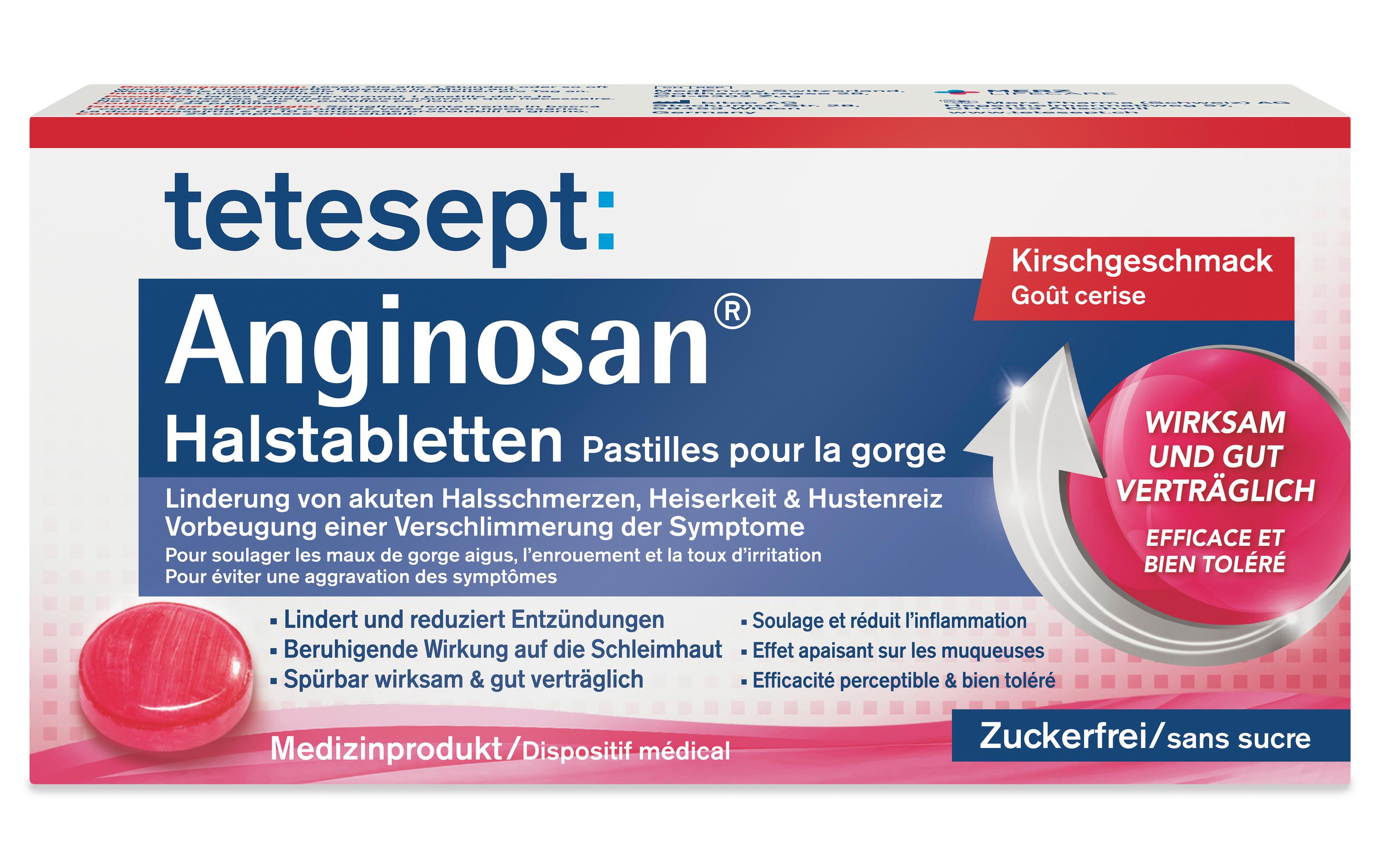 Anginosan Halstabletten Kirsche 24 LutschtablettenZuckerfreie Lutschtabletten zur Behandlung von Beschwerden und Reiz in Hals und Rachen
