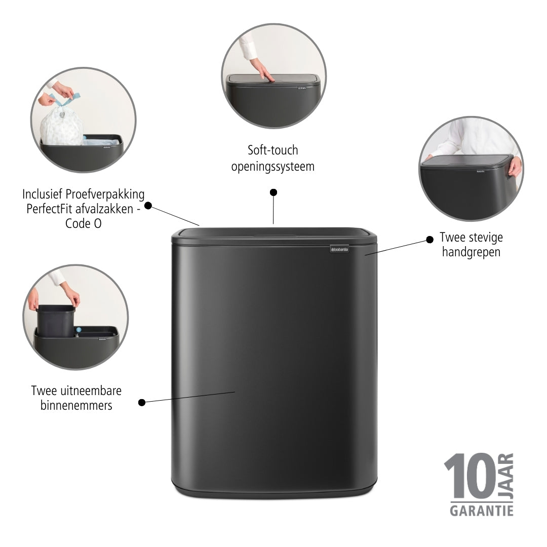Brabantia Bo Touch Bin Afvalemmer 2 x 30 Liter - Confident Grey