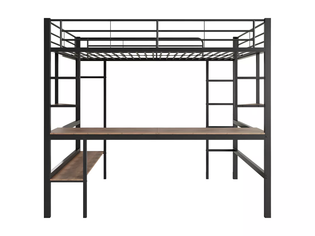 Lit mezzanine en fer - 90x200cm - avec bureau et 5 étagères - Noir