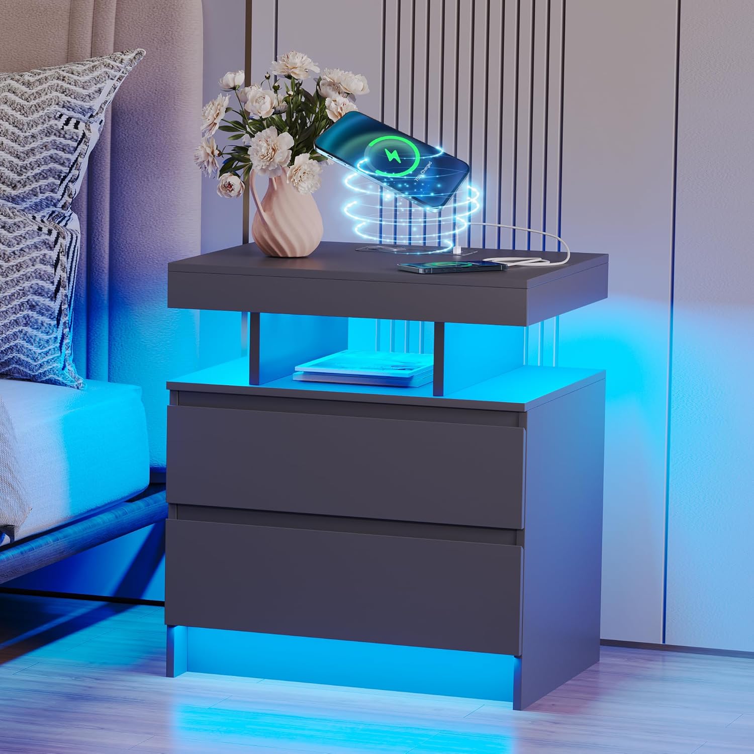Vlsrka LED Nachttisch mit Ladestation, Nachttisch mit 3 Farben Licht, Smart Nachttische mit Drahtloses Laden, Nachtkästchen mit 2 Schubladen, Moderner Nachtschrank Schlafzimmer Wohnzimmer, Grau