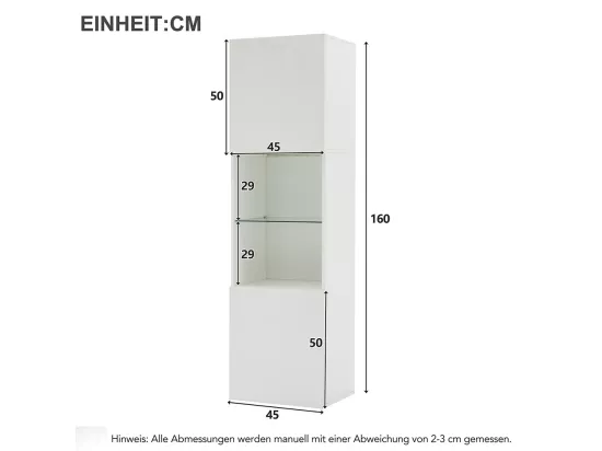 Vitrine LED brillante avec éclairage 1 étagère en verre vitrine sur pied armoire haute blanc