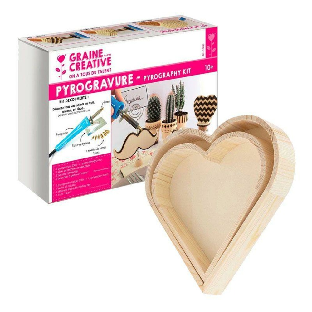 Coffret pyrogravure + 2 plateaux bois cœur à décorer