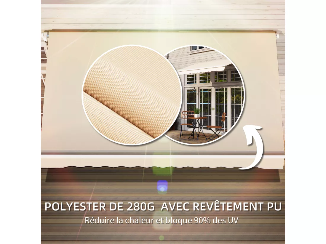 Store banne manuel rétractable aluminium polyester imperméabilisé 3L x 2,5l m beige