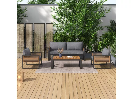 Salon de jardin en Fer 4 personnes - 1 canapé、2 fauteuils et 1 table basse - décoré de Bois d'Acacia - Gris