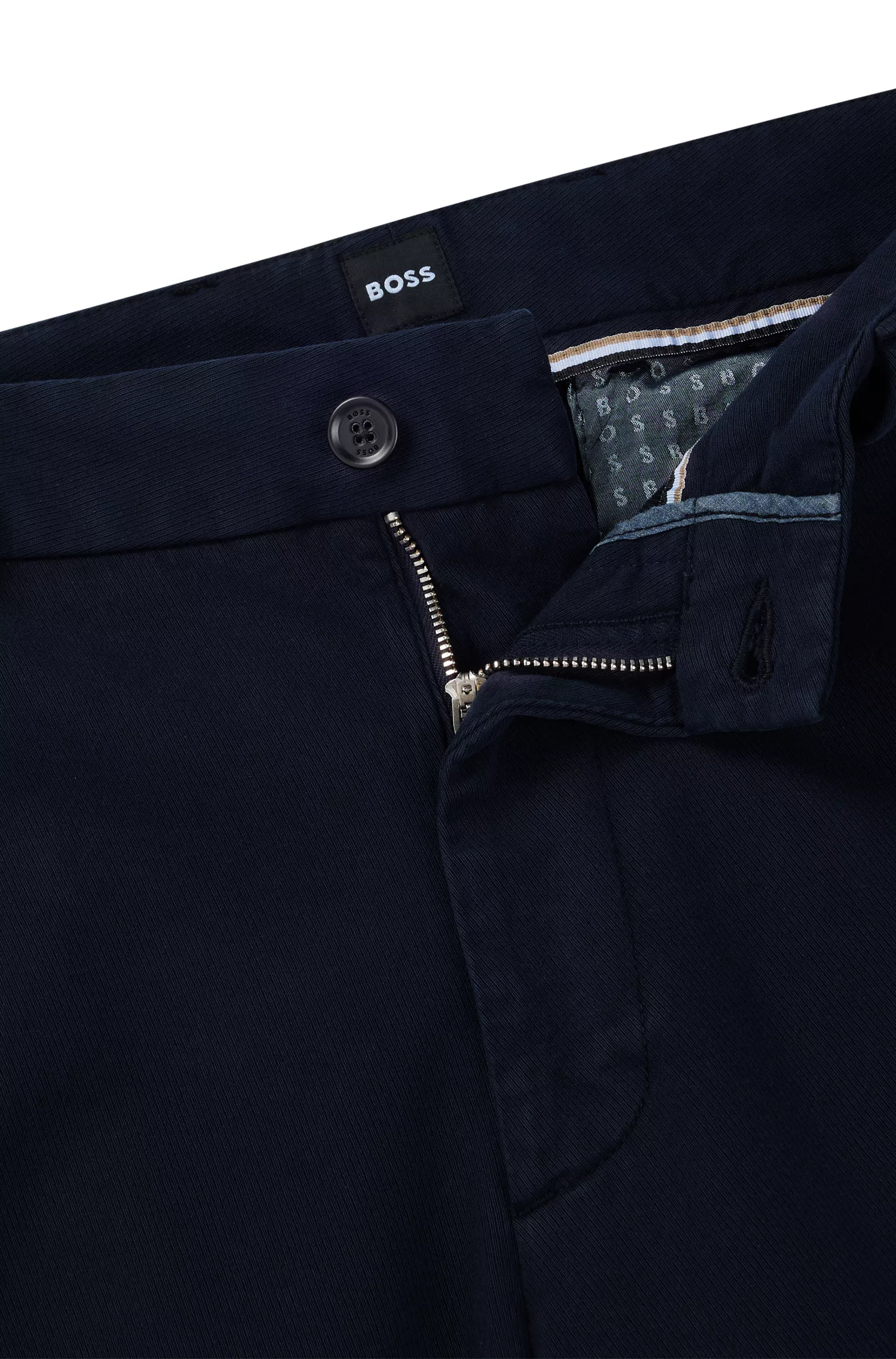 Calça BOSS preta de corte regular em sarja de algodão stretch bicolor.