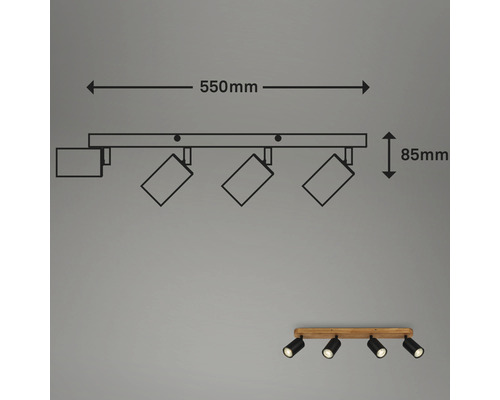 Plafondspot, 4-lichts, L 55 cm, zwart