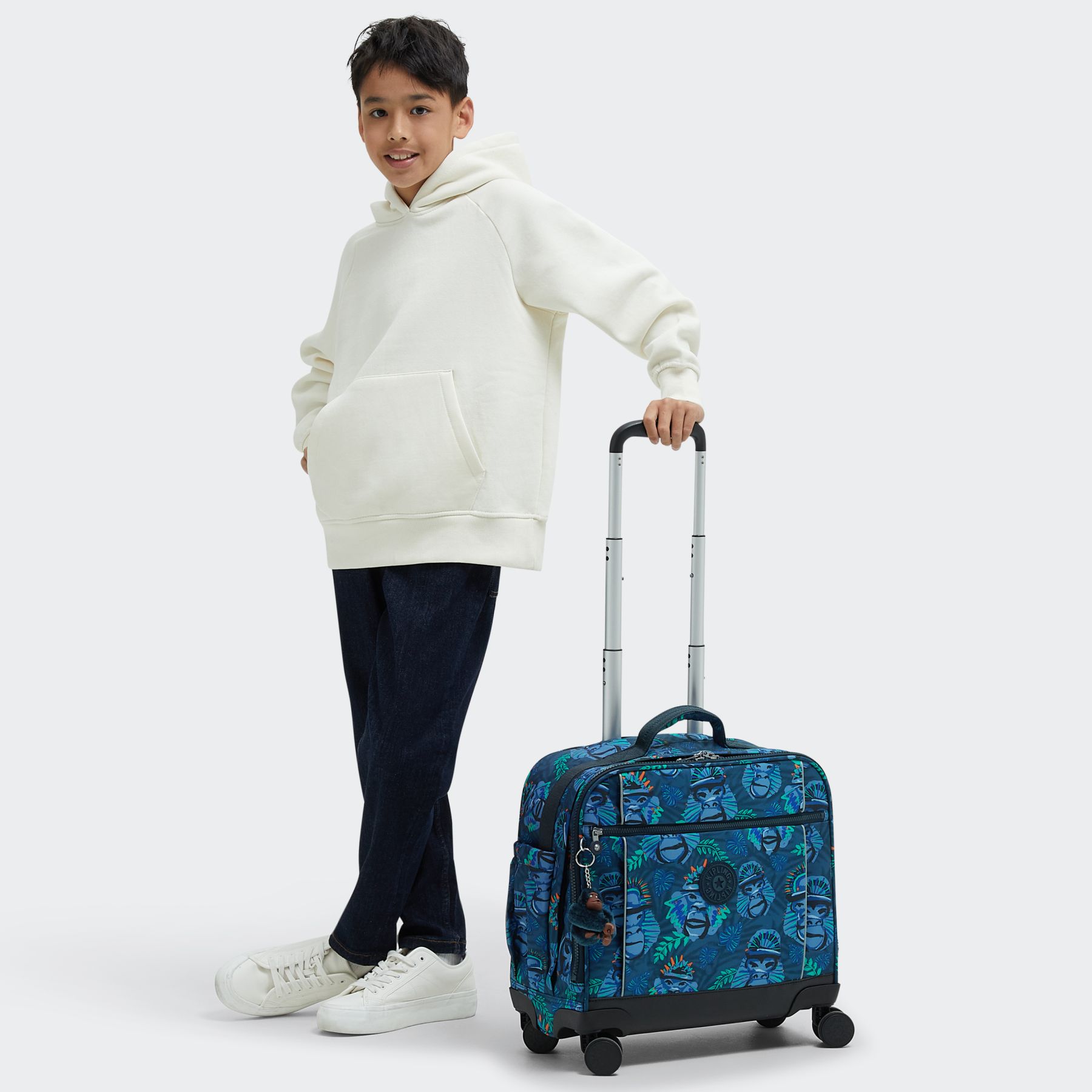 NEW STORIA Sac d'école à 4 roues pour enfants avec compartiment pour ordinateur - Blue Monkey Fun