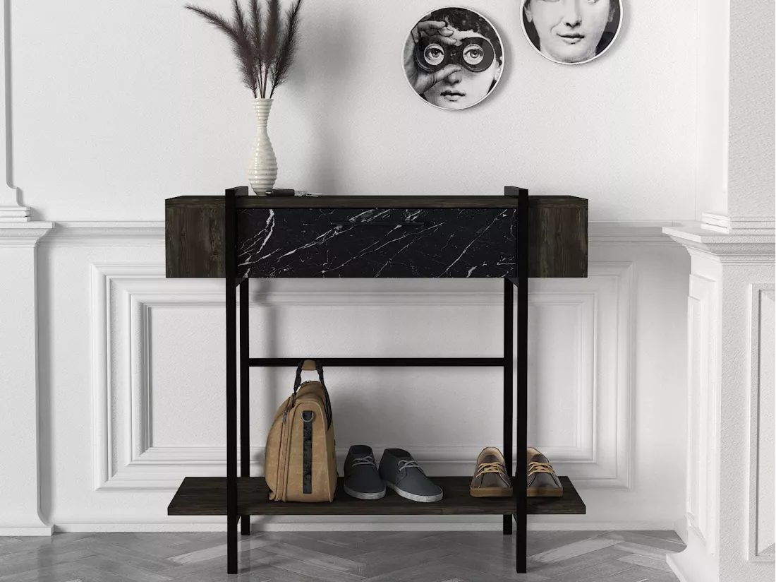Console avec 1 porte et 1 étagère - Naturel foncé et effet marbre noir - CHENOA