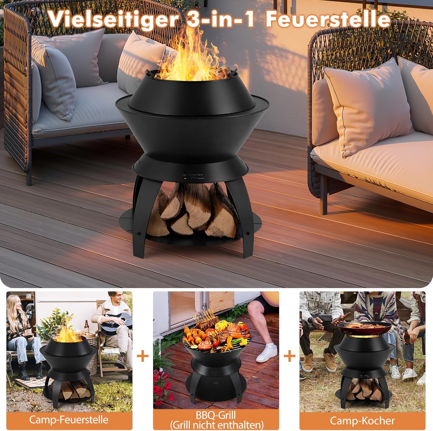 COSTWAY Feuerschale mit Topfhalter und Ablage, Feuerstelle mit rauchfreier sauerstoffangereicherter Verbrennung, Fire Pit für Camping, Garten, Terrasse