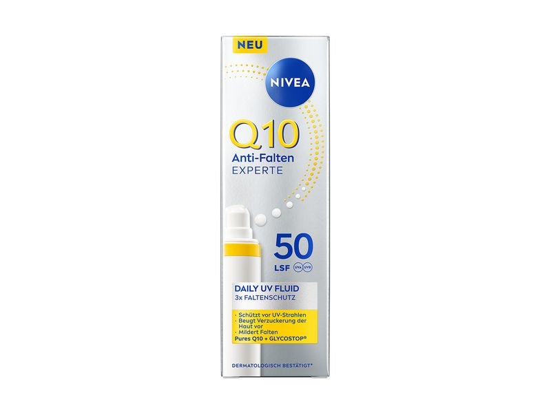 NIVEA Gesichtsfluid Q10 Anti-Falten Expert Day LSF 50 30 ml Anti-Wrinkle Daily UV Fluid LSF 50 schützt vor UV-Strahlen, beugt der Hautalterung vor und reduziert Falten