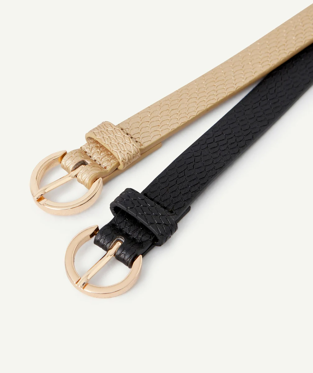 LOT DE 2 CEINTURES FILLE NOIR ET COULEUR DORÉE AVEC IMPRIMÉ EN RELIEF