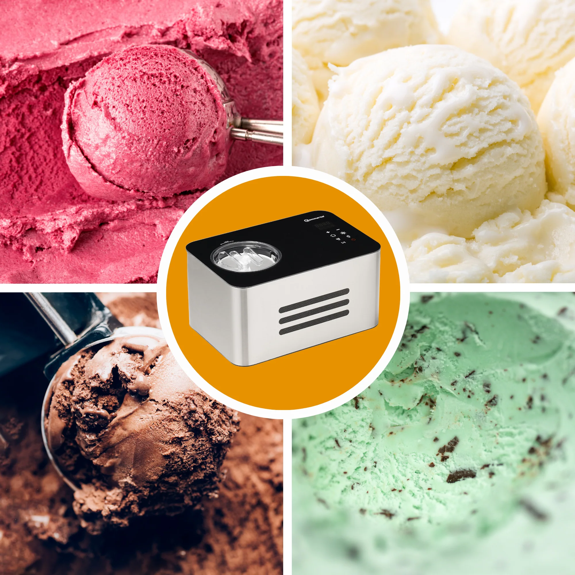Sommertal Eiscreme Maschine ICE1500 3-in-1 Eismaschine, Milcheis & Sorbet, Eiscrememaschine aus Edelstahl mit Kühlhalte Funktion, Speiseeis zum selber machen, 1,5L, 150 W mit Kompressor