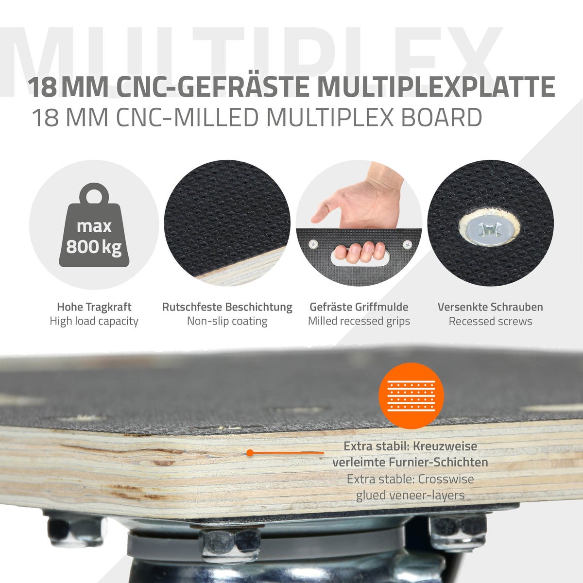 ECD Duitsland Transport Dolly 35 x 50 cm tot 800 kg Zeefdrukplaat - PP Wielen Dolly Meubel Dolly Transporthulp voor het verplaatsen van meubels Transport Meubel Hondenkar Roller Transporter Transportwagen