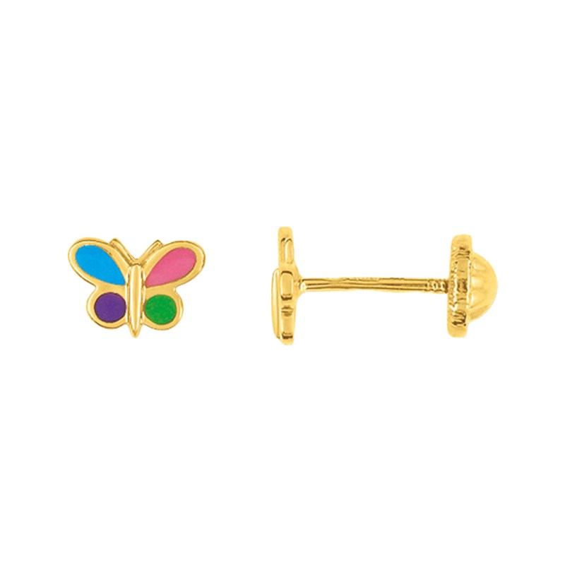 Boucles d'oreilles enfant - Poussette Vis - Or 9 Carats - Papillon - Longueur : 10mm - Hauteur : 5mm