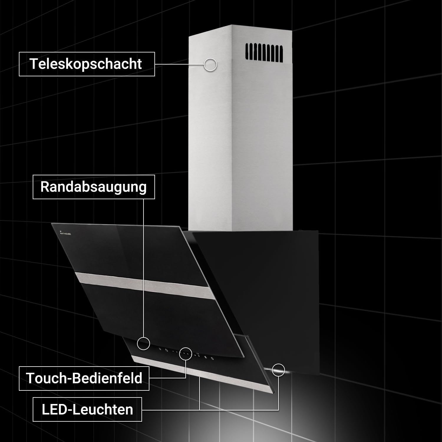 KKT KOLBE A+++ Dunstabzugshaube 80 cm Kopffreie Wandhaube Edelstahl schwarzes Glas Nachlaufautomatik LED-Beleuchtung SensorTouch-Bedienung HERMES8005S